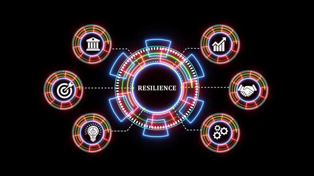 Abstract digital circles animate forming resilience hub with business icons. Futuristic digital graphic motion displaying abstract circles, resilience concept,