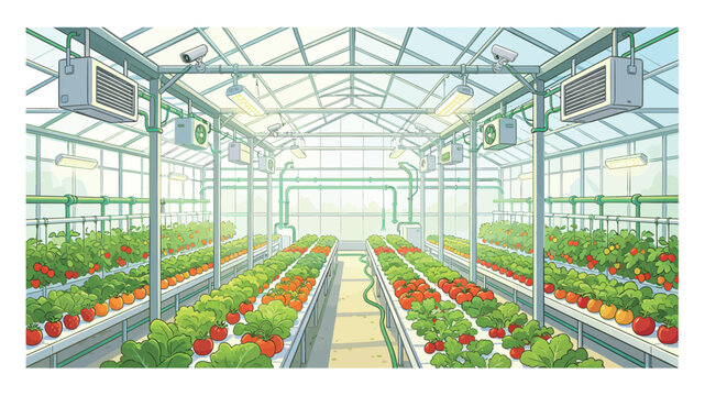Vibrant cartoon-style modern greenhouse showcasing hydroponic tomato and lettuce farming under