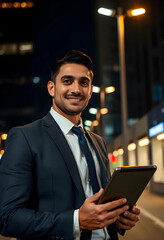 Fototapeta premium Confident businessman holding tablet in urban night setting
