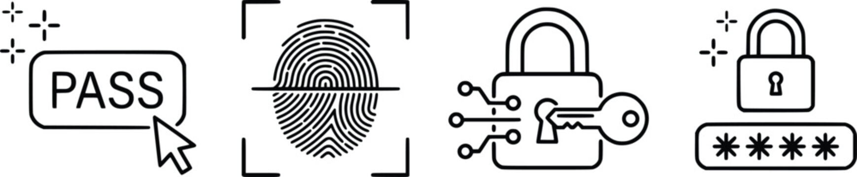 Cyber security line icon set, biometric fingerprint scan and digital padlock with key, password protection and data privacy symbols for web design