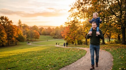 Fototapeta premium Father carrying son on shoulders on park path during golden hour autumn sunset with colorful trees
