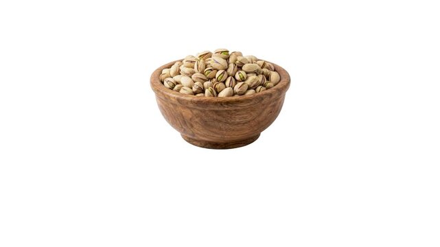 Animated rustic wooden bowl filled with raw pistachio nuts falling from the top on an isolated white background. Realistic 3D snack bowl dropping down animation loop for food branding, advertising tem