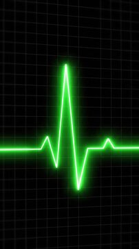 Vertical animation of a glowing green EKG heartbeat line pulsing on a dark grid background