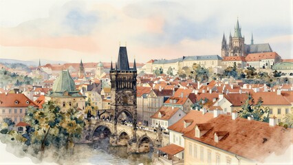 Obraz premium Charming watercolor view of Prague's iconic Charles Bridge and historic skyline.
