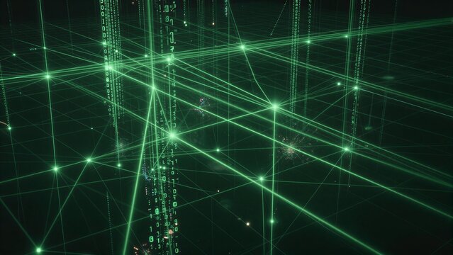 Green digital grid with binary code, futuristic cyber space visualization.