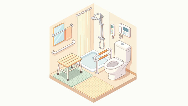 Modern Accessible Bathroom with Shower Chair, Grab Bars, and Emergency Call Button - Isometric