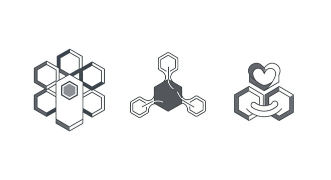 Hexagonal molecular structures and heart symbol icon set.
