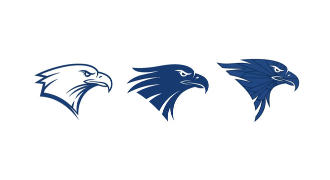 Three stylized eagle head silhouettes in blue.