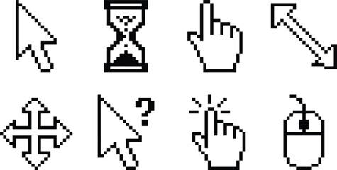 Fototapeta premium Retro pixel cursor icons set, vintage computer mouse pointers in 8-bit style, black and white digital interface elements for web design