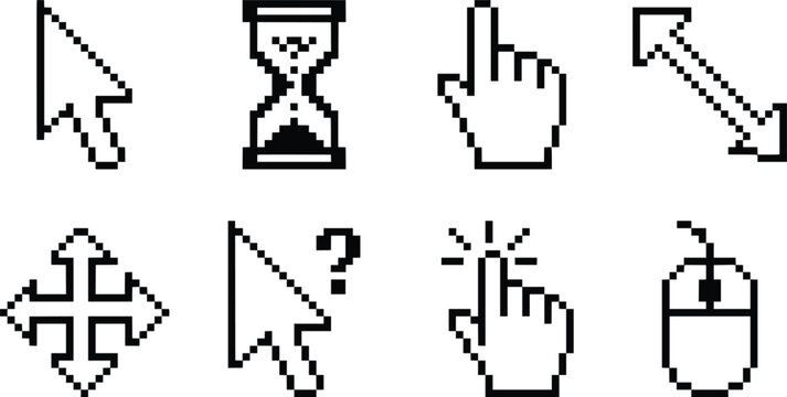 Retro pixel cursor icons set, vintage computer mouse pointers in 8-bit style, black and white digital interface elements for web design