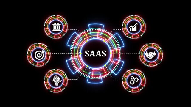Abstract saas interface with animated icons for business and technology solutions. 