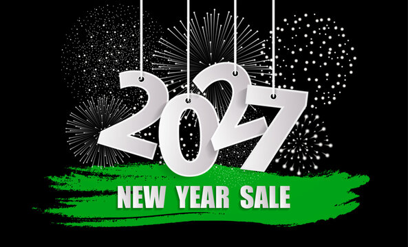 New Year sale 2027 black and green concept with fireworks. Christmas and Chinese New Year decor. New year card or sale concept. Vector illustration