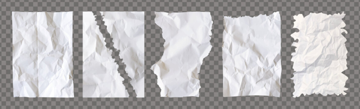 Pack of realistic white crumpled jagged white paper torn pack paper isolated on a transparent background. Empty papercut notebook sheets. Notepook template set. Grunge border frames paper sheet fragme