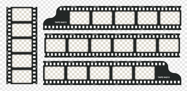 Vintage movie film long strip template pack isolated on transparent background. Cinema and filmmaking overlay with brown old filter. Retro video cinema or photograph camera screen. Vector illustration