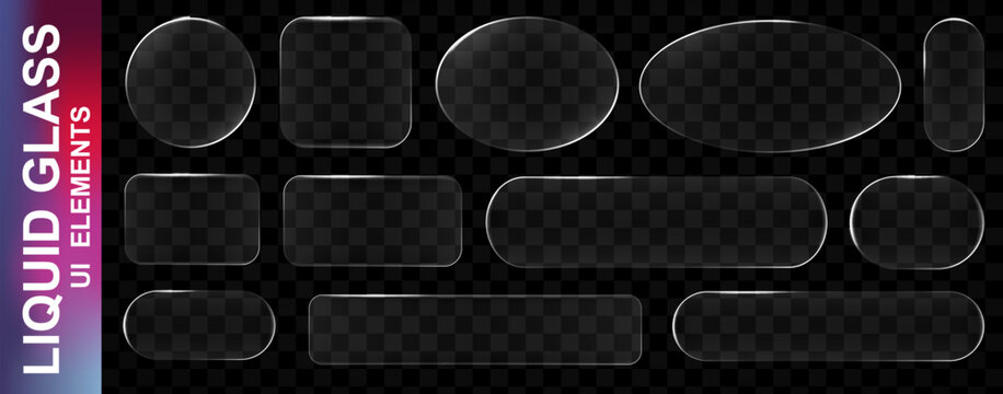 Realistic white glassmorphism style basic IU mockup elements isolated on transparent background. Neon glass transparent frame collection. Blur grass style shapes template design. Vector illustration