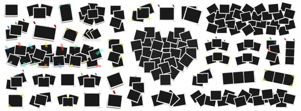 Mega pack of realistic vector photo frames on sticky tape, pins and rivets. Template photo design isolated on white background. Vector illustration