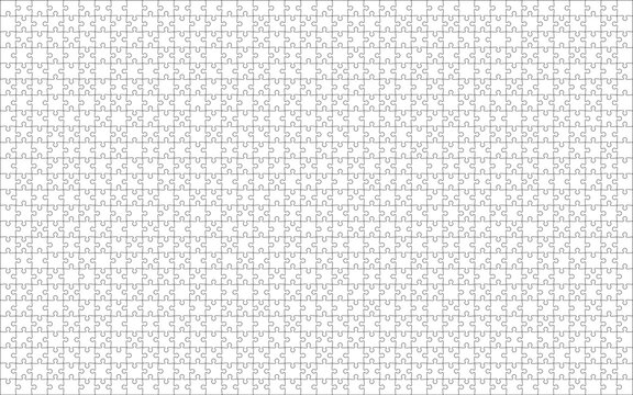Detailed various shapes puzzle grid overlay. Jigsaw puzzle blank template. 40x25 shapes, 1000 pieces. Separate matching puzzle elements. Vector png
