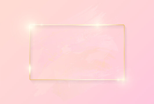 Gold shiny glowing rectangle frame with rose pastel brush strokes isolated on pink background. Golden luxury line border for invitation, card, sale, fashion, wedding, photo etc. Christmas and New Year