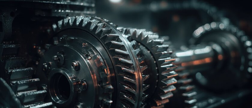 Close up of industrial metal gears in machinery