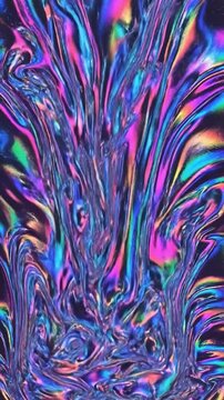 Vertical warped psychedelic holographic abstract background with iridescent liquid metal texture