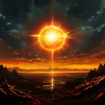 an AI Image Generator, Scenic Fiery Sunset Over Dramatic Mountain Landscape
