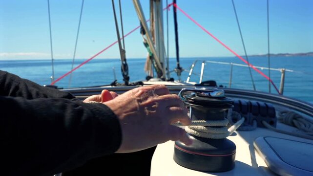 Sailor wrapping a rope around a winch on a sailing boat
