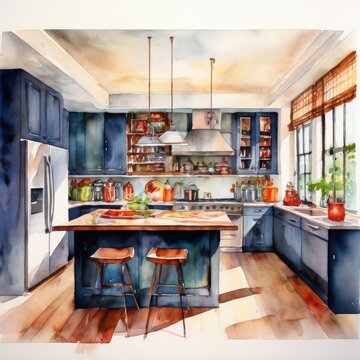an AI Image Generator, Kitchen with Blue Cabinets and Fresh Produce on Display