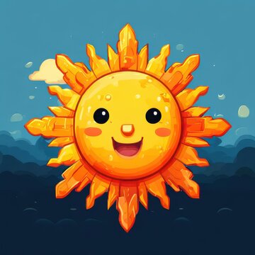 an AI Image Generator, Smiling Cartoon Sun Amidst Bright Orange Clouds at Dusk