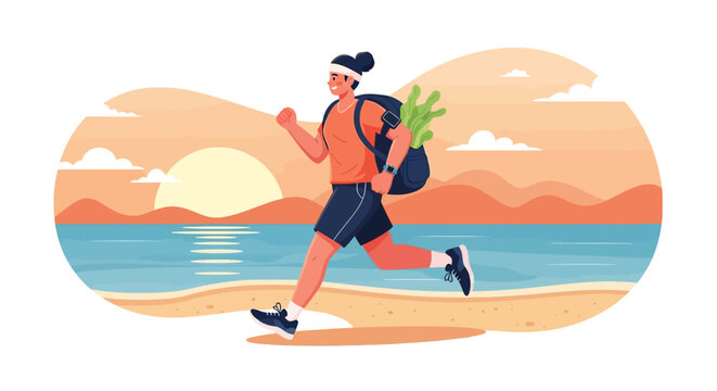 Person running with backpack and groceries on beach at sunset.
