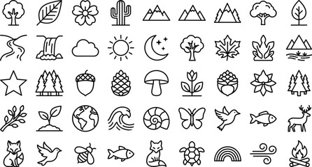 Set of nature icons, outline style, for environment, outdoors, and wildlife concepts © Fensi