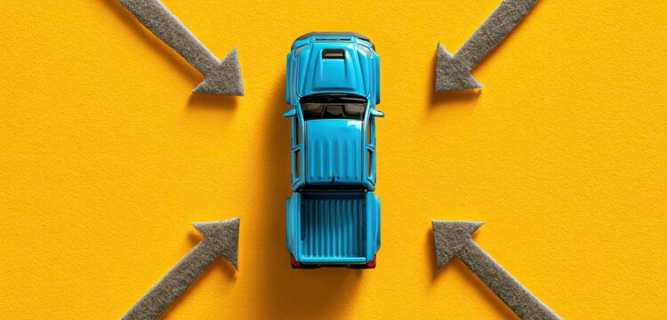 Blue pickup truck toy surrounded by four arrows pointing inward on yellow