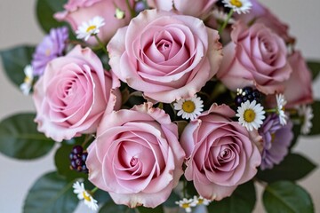 Fototapeta premium A bouquet of pink roses and purple flowers in a vase