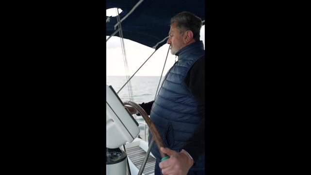 Mature skipper steering sailboat on the open sea