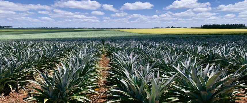 Rows of pineapple plants stretch toward a horizon of green and yellow fields under a blue sky