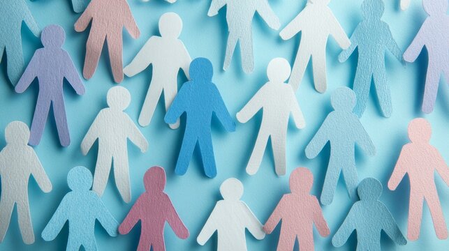 Many different paper human figures on light blue background representing diversity, inclusion, equality, unity, multicultural community, social inclusion, teamwork, belonging, equal opportunity, human