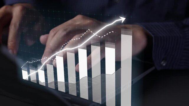 A close-up view of hands typing on a laptop, illustrated with an overlay of a rising graph and trend line, symbolizing business growth and modern financial analysis. Copula