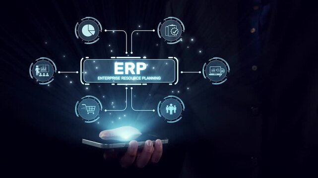 ERP platform visual showing centralized system for enterprise resource planning, improving integration, data flow, business efficiency, finance, inventory, and human resources. Elide