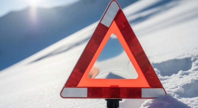 Warning Sign on Snowy Terrain Alerts of Winter Hazards in Bright Sunlight