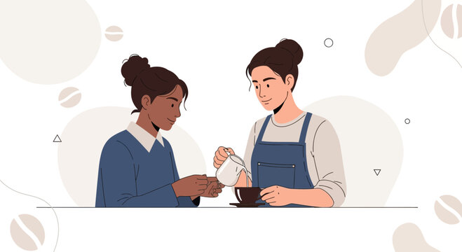 Barista Serving Coffee to Customer - Modern Flat Illustration