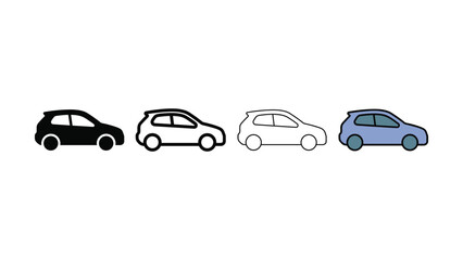 Fototapeta premium Four distinct car icons showcasing different styles including solid black outlined black pure white outline and a light blue colored vehicle