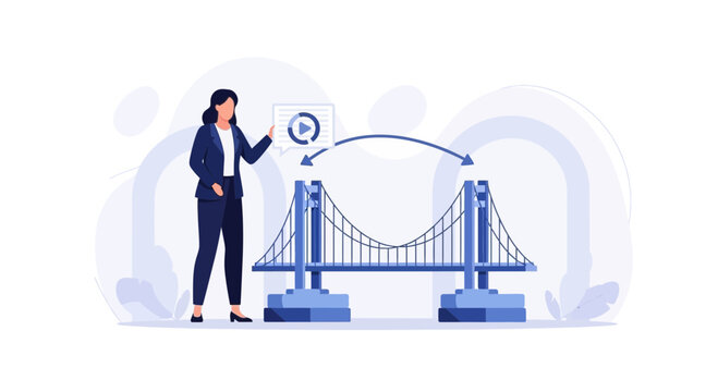 Businesswoman uses technology to connect two points, symbolizing solutions, strategy, and bridging gaps. Vector illustration.