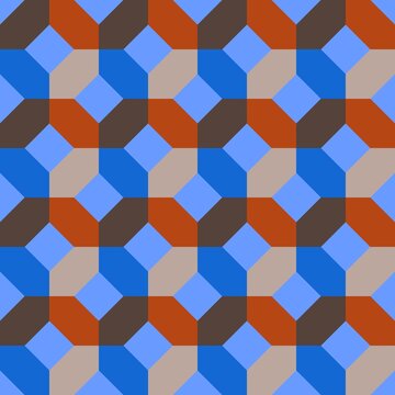 An optical illusion pattern with colorful geometric shapes, creating a sense of depth and dimension. The pattern repeats a tessellating arrangement of rhombuses and parallelograms in shades of blue.