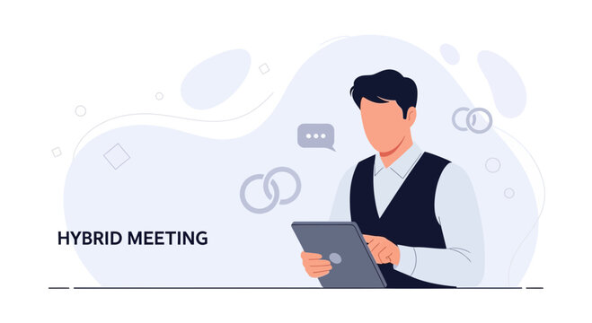 Modern Hybrid Meeting Concept: Person using Tablet with Abstract Background and Communication Icons