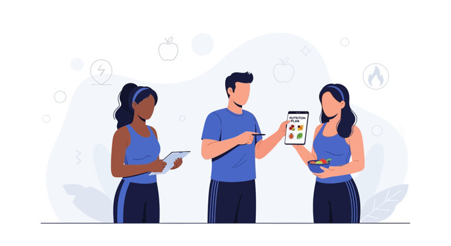 Nutritionist consulting with clients, showing healthy food options and meal plan on tablet, promoting healthy lifestyle and diet