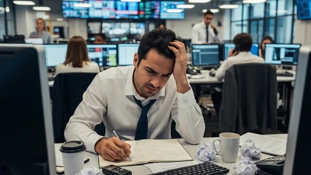 Stressed young businessman working in a busy corporate office, overwhelmed male employee struggling with deadlines, professional burnout and workplace pressure concept