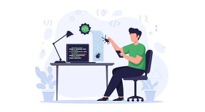 Software Developer Debugging Code with Bug Illustration, Programming and Development Concept