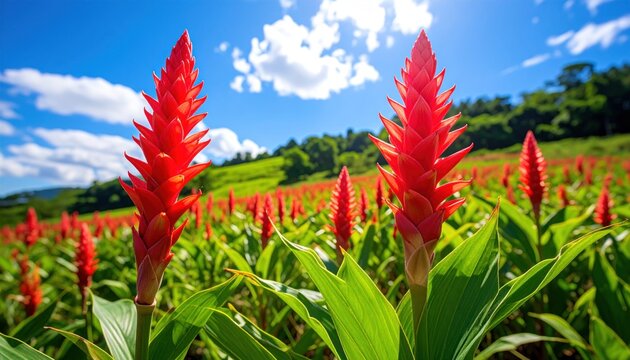 Vibrant red ginger flower field landscape.
