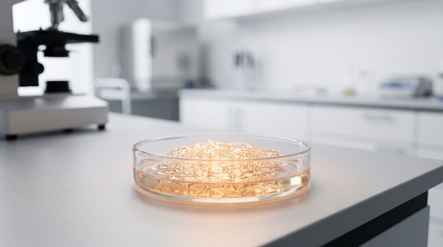 Macro photograph of an organic cellular scaffolding structure glowing in a petri dish on a laboratory bench, showcasing tissue engineering, biotechnology, and regenerative medicine research.