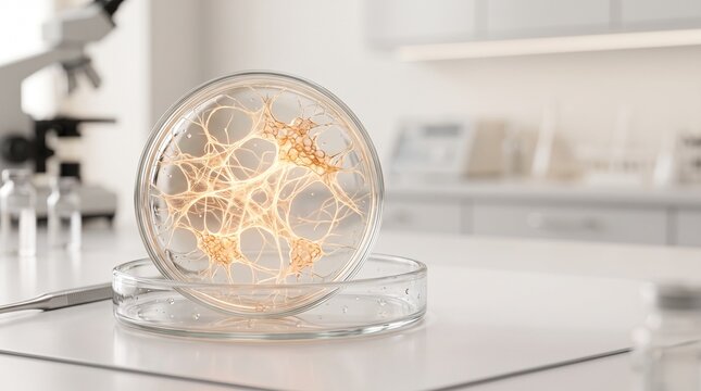 Macro photograph of an organic cellular scaffolding structure glowing in a petri dish on a laboratory bench, showcasing tissue engineering, biotechnology, and regenerative medicine research.