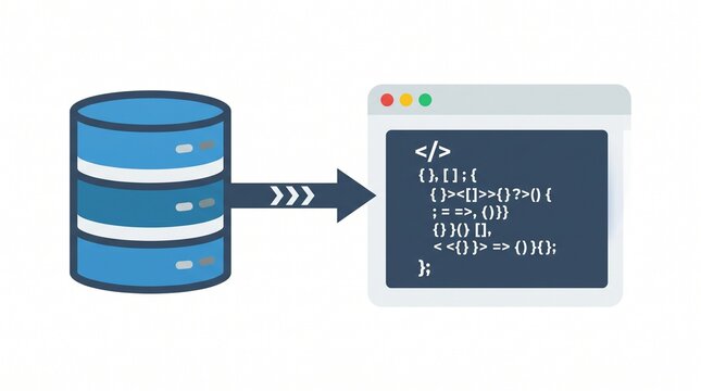 Database to Source Code Conversion Concept, Data Migration Process, Backend Development Workflow, SQL Database Integration, Programming Interface, Software Engineering, Server Communication Vector Ill
